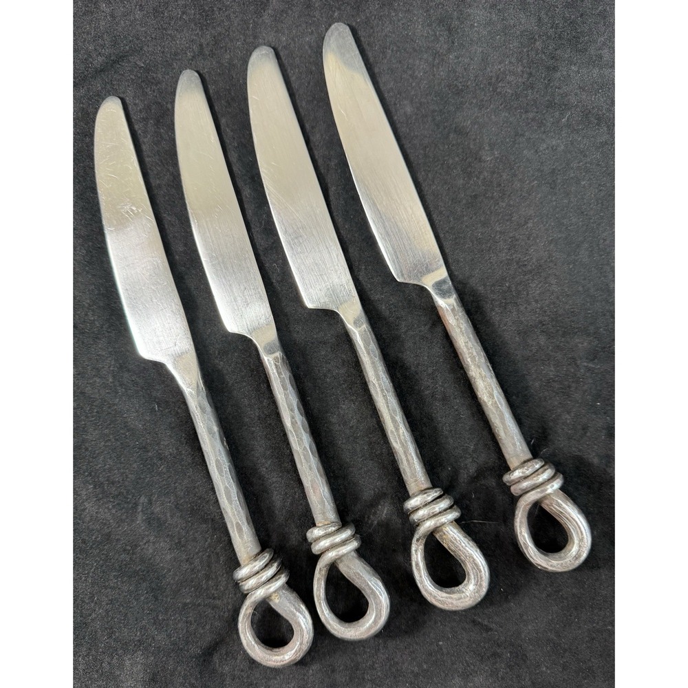 Rustic Hand Forged Black Loop Twist Dinner Knives Set 4 Blacksmith Hammered 9"